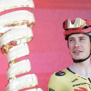 Team Visma Lease a Bike Danish rider Jonas Vingegaard looks on during the presentation of the teams prior the 3nd stage of the Giro d'Italia 2026 - Tour of Italy cycling race between Plovdiv and Sofia, Bulgaria, on May 10, 2026. (Photo by Luca Bettini / AFP via Getty Images)