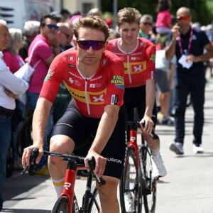 Erlend Blikra heads to the team presentation at the start of stage 11 ahead of his final day of racing at the 2026 Giro d'Italia