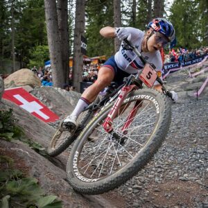 Britain's Evie Richards competes in the Women's elite Cross-country Olympic race as part of the 2025 UCI Mountain Bike World Championships in Crans-Montana on September 13, 2025. (Photo by Fabrice COFFRINI / AFP via Getty Images)