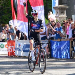 Pro cyclist Gery Celia of the FDJ United Suez team arriving at the finishing line in first place during the first round of the French Women's cycling cup at Grand Prix de Chambéry
