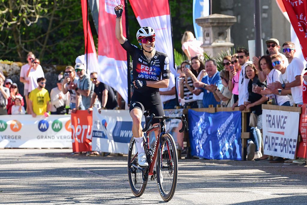 Pro cyclist Gery Celia of the FDJ United Suez team arriving at the finishing line in first place during the first round of the French Women's cycling cup at Grand Prix de Chambéry