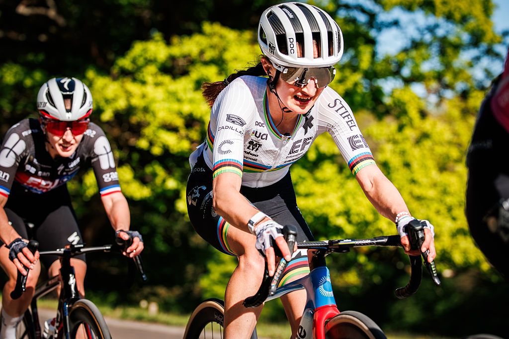 LIEGE, BELGIUM - APRIL 26: Magdeleine Vallieres of EF Education Oatly of Canada, Juliette Berthet of FDJ United Suez of France during the match between 10th Liege v Bastogne - Liege Femmes 2026 - Women&amp;apos;s Elite at the Liege on April 26, 2026 in Liege Belgium (Photo by Pim Waslander/Soccrates/Getty Images)