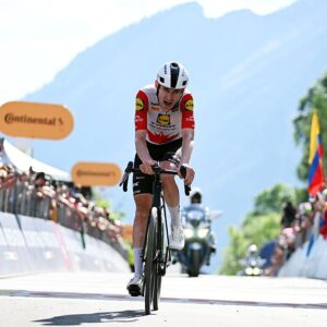 Derek Gee-West finishes stage 19 of the Giro d'Italia with a face full of pain