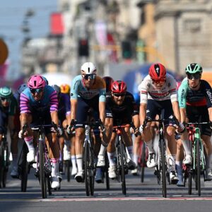 MILAN, ITALY - MAY 24: (L-R) Dylan Groenewegen of Netherlands and Team Unibet Rose Rockets, Ethan Vernon of Great Britain and Team NSN Cycling, Paul Magnier of France and Team Soudal Quick-Step and Tobias Lund Andresen of Denmark and Team Decathlon CMA CGM cross the finish line during the 109th Giro d&amp;apos;Italia 2026, Stage 15 a 157km stage from Voghera to Milan / #UCIWT / on May 24, 2026 in Milan, Italy. (Photo by Tim de Waele/Getty Images)