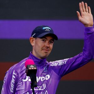 Team Jayco AlUla Australian rider Ben O'Connor waves during the team presentation in Burgas, on May 6, 2026, two days before the departure of the Giro d'Italia 2026 - Tour of Italy cycling race. The Giro d'Italia 2026 will depart from Burgas in Bulgaria on May 8, 2026 and finish in Rome on May 31, 2026. (Photo by Luca Bettini / AFP via Getty Images)