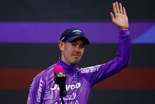 Team Jayco AlUla Australian rider Ben O'Connor waves during the team presentation in Burgas, on May 6, 2026, two days before the departure of the Giro d'Italia 2026 - Tour of Italy cycling race. The Giro d'Italia 2026 will depart from Burgas in Bulgaria on May 8, 2026 and finish in Rome on May 31, 2026. (Photo by Luca Bettini / AFP via Getty Images)