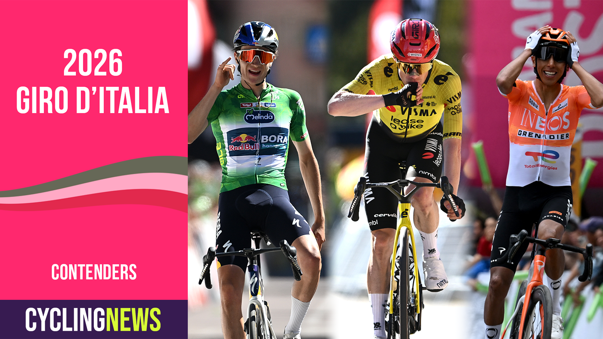 Giulio Pellizzari, Jonas Vingegaard y Egan Bernal aparecen en My Bike' Pancarta de los contendientes del Giro de Italia 2026