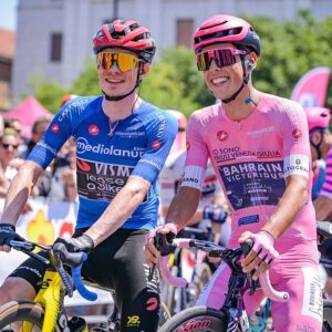 Jonas Vingegaard of Team Visma with the Maglia Azzurra and Afonso Eulalio of Bahrain Victorius with the Maglia Rosa on the start line during stage 13, Alessandria-Verbania, of the 2026 Giro d&amp;apos;Italia in Alessandria, Italy, on May 22, 2026. (Photo by Andrea Amato/NurPhoto via Getty Images)