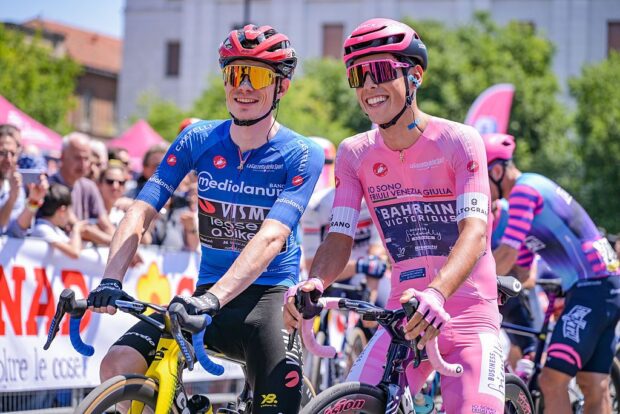 Jonas Vingegaard of Team Visma with the Maglia Azzurra and Afonso Eulalio of Bahrain Victorius with the Maglia Rosa on the start line during stage 13, Alessandria-Verbania, of the 2026 Giro d&amp;apos;Italia in Alessandria, Italy, on May 22, 2026. (Photo by Andrea Amato/NurPhoto via Getty Images)