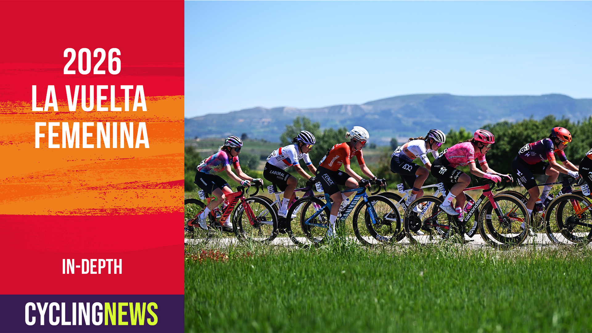 Toma lateral de ciclistas recorriendo el campo durante una carrera, con el cartel gráfico de la Vuelta Femenina a la izquierda.