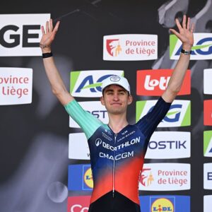 Paul Seixas (Decathlon CMA CGM) celebrates his second place at winner the 2026 Liege - Bastogne - Liege 2026, on April 26, 2026. (Photo by Dario Belingheri/Getty Images)