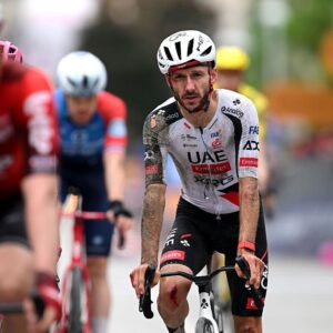 VELIKO TARNOVO, BULGARIA - MAY 09: Adam Yates of Great Britain and UAE Team Emirates - XRG injured crosses the finish line during the 109th Giro d&amp;apos;Italia 2026, Stage 2 a 221km stage from Burgas to Veliko Tarnovo / #UCIWT / on May 09, 2026 in Veliko Tarnovo, Bulgaria. (Photo by Dario Belingheri/Getty Images)