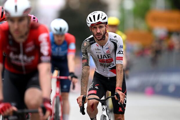 VELIKO TARNOVO, BULGARIA - MAY 09: Adam Yates of Great Britain and UAE Team Emirates - XRG injured crosses the finish line during the 109th Giro d&amp;apos;Italia 2026, Stage 2 a 221km stage from Burgas to Veliko Tarnovo / #UCIWT / on May 09, 2026 in Veliko Tarnovo, Bulgaria. (Photo by Dario Belingheri/Getty Images)
