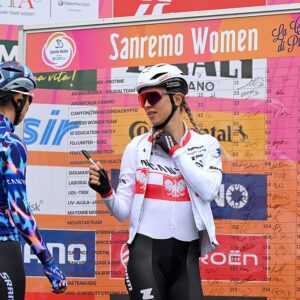 GENOVA, ITALY - MARCH 21: Kasia Niewiadoma of Poland and Team CANYON//SRAM zondacrypto prior to the 8th Milano-Sanremo Donne 2026, Women&amp;apos;s Elite a 156km one day race from Genova to Sanremo / #UCIWWT / on March 21, 2026 in Genova, Italy. (Photo by Tim de Waele/Getty Images)