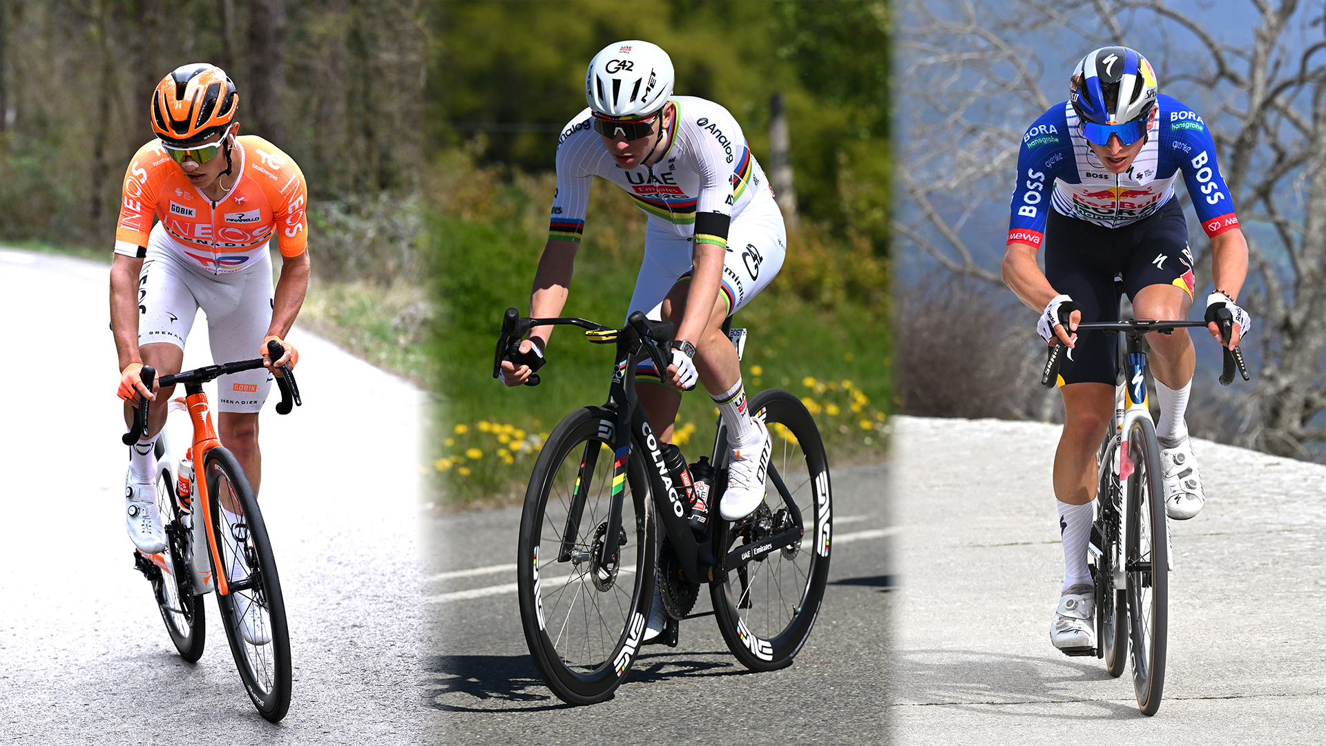 Imagen de collage de Oscar Onley, Tadej Pogačar y Florian Lipowitz