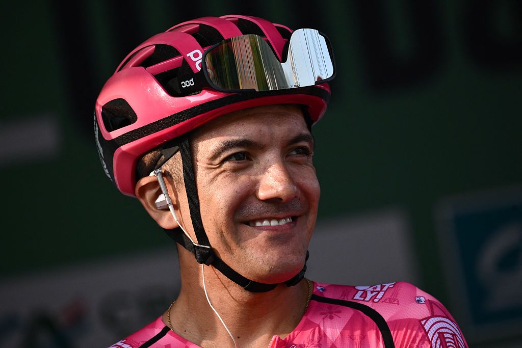 EF Education-EasyPost’s Ecuadorian rider Richard Carapaz looks on ahead of the 119th edition of the Giro di Lombardia (Tour of Lombardy), a 238km cycling race from Como to Bergamo on October 11, 2025. (Photo by Marco BERTORELLO / AFP)