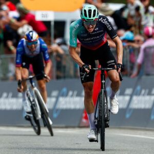 Decathlon CMA CGM Team Austrian rider Felix Gall sprints to the finish line during the 16th stage of the Giro d'Italia 2026 - Tour of Italy cycling race between Bellinzona and Cari, Switzerland, on May 26, 2026. (Photo by Luca Bettini / AFP)