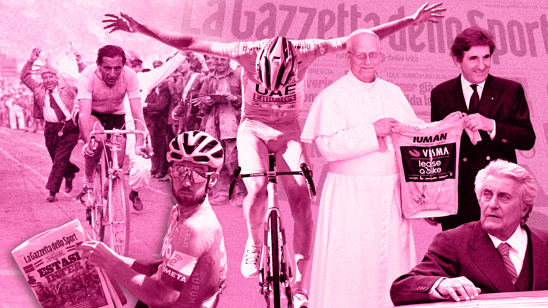 Un collage de figuras relacionadas con el Giro de Italia, incluido el Papa, Fausto Coppi, Tadej Pogačar y dos directores de carrera.