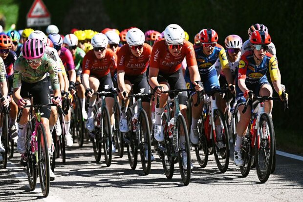 BUJA, ITALY - JUNE 01: (L-R) Nina Berton of Luxembourg and Team EF Education-Oatly, Evy Kuijpers of Netherlands and Team Fenix-Premier Tech and Amanda Spratt of Australia and Team Lidl - Trek compete during the 37th Giro d&amp;apos;Italia Women 2026, Stage 3 a 156km stage from Bibione to Buja / #UCIWWT / on June 01, 2026 in Buja, Italy. (Photo by Luc Claessen/Getty Images)