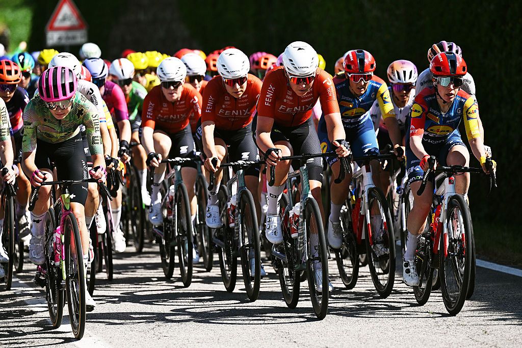 BUJA, ITALY - JUNE 01: (L-R) Nina Berton of Luxembourg and Team EF Education-Oatly, Evy Kuijpers of Netherlands and Team Fenix-Premier Tech and Amanda Spratt of Australia and Team Lidl - Trek compete during the 37th Giro d&amp;apos;Italia Women 2026, Stage 3 a 156km stage from Bibione to Buja / #UCIWWT / on June 01, 2026 in Buja, Italy. (Photo by Luc Claessen/Getty Images)