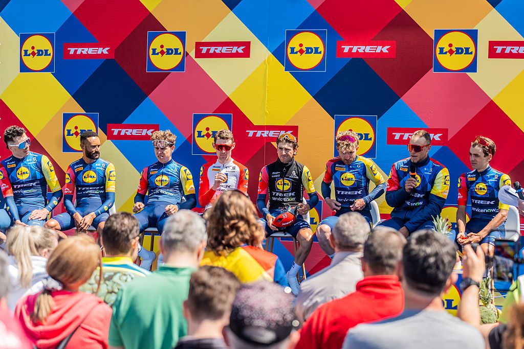The Lidl-Trek cycling team meets fans in Ravda, Bulgaria, on May 6, 2026, ahead of the 109th edition of the Giro d&amp;apos;Italia. The race is set to start from Bulgaria. (Photo by Hristo Rusev/NurPhoto via Getty Images)