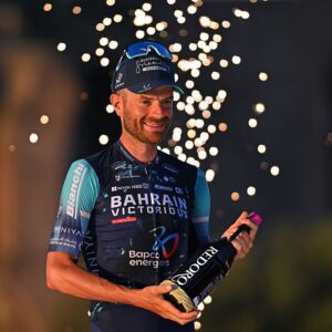 ROME, ITALY - MAY 31: Damiano Caruso of Italy and Team Bahrain - Victorious celebrates at podium as honoured for his professional career during the 109th Giro d'Italia 2026, Stage 21 a 131km stage from Rome to Rome 1289m / #UCIWT / on May 31, 2026 in Rome, Italy. (Photo by Tim de Waele/Getty Images)