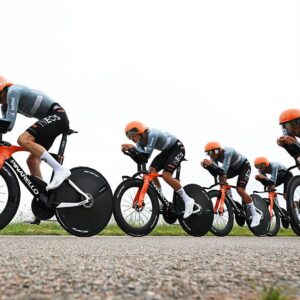 PERREUX, FRANCE - JUNE 09: A general view of Netcompany INEOS Cycling Team compete during the 78th Tour Auvergne-Rhone-Alpes 2026, Stage 3 a 28.4km team time trial stage from Perreux to Perreux / #UCIWT / on June 09, 2026 in Perreux, France. (Photo by Dario Belingheri/Getty Images)