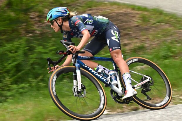 SALUZZO, ITALY - JUNE 07: Urska Zigart of Slovenia and Team AG Insurance - Soudal competes in the chase group during the 37th Giro d'Italia Women 2026 - Stage 9 a 145km stage from Saluzzo to Saluzzo / #UCIWWT / on June 07, 2026 in Saluzzo, Italy. (Photo by Luc Claessen/Getty Images)