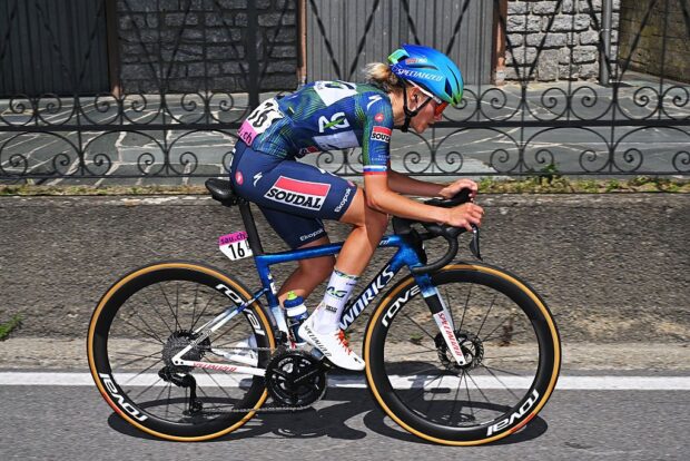 SONDRIO, ITALY - JUNE 17: Urska Zigart of Slovenia and Team AG Insurance - Soudal competes in the breakaway during the 10th Tour de Suisse Women 2026, Stage 1 a 109.3km stage from Sondrio to Sondrio / #UCIWWT / on June 17, 2026 in Sondrio, Italy. (Photo by Tim de Waele/Getty Images)