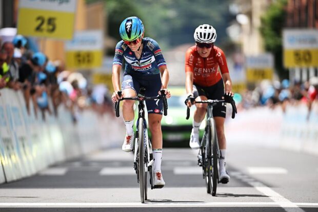 SONDRIO, ITALY - JUNE 17: Urska Zigart of Slovenia and Team AG Insurance - Soudal crosses the finish line during the 10th Tour de Suisse Women 2026, Stage 1 a 109.3km stage from Sondrio to Sondrio / #UCIWWT / on June 17, 2026 in Sondrio, Italy. (Photo by Tim de Waele/Getty Images)