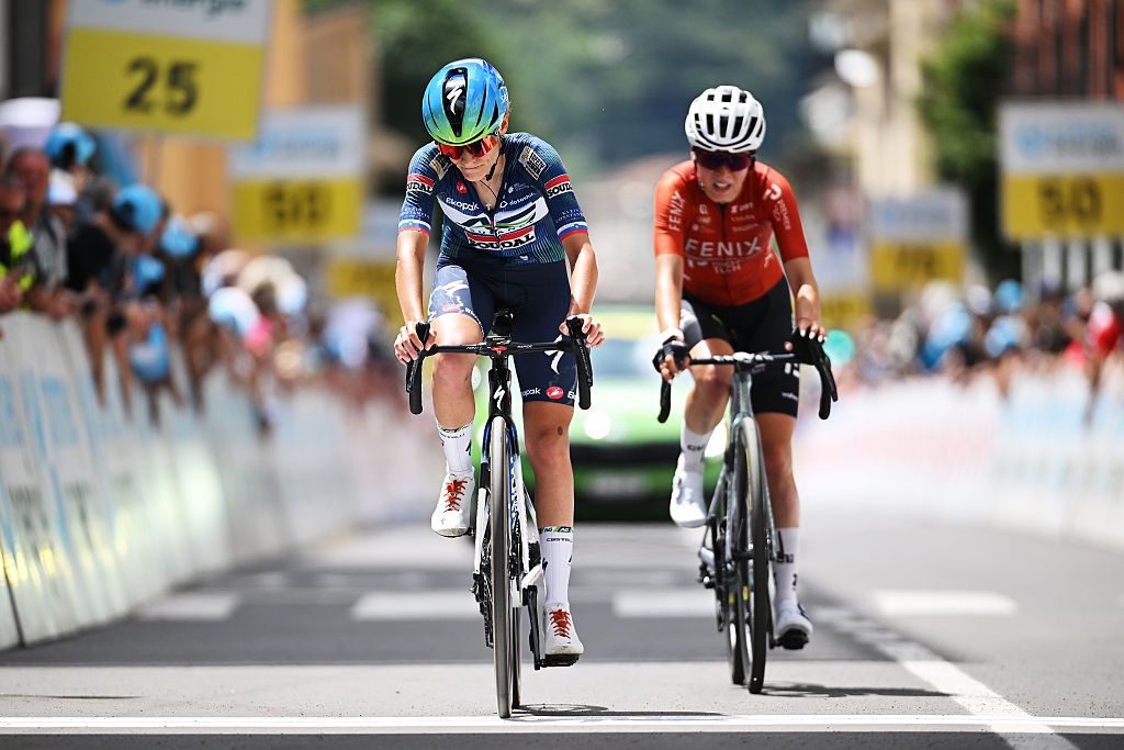 SONDRIO, ITALY - JUNE 17: Urska Zigart of Slovenia and Team AG Insurance - Soudal crosses the finish line during the 10th Tour de Suisse Women 2026, Stage 1 a 109.3km stage from Sondrio to Sondrio / #UCIWWT / on June 17, 2026 in Sondrio, Italy. (Photo by Tim de Waele/Getty Images)