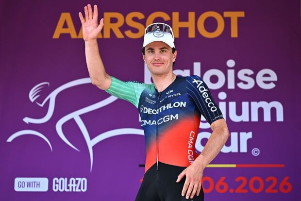 AARSCHOT, BELGIUM - JUNE 20: Olav Kooij of Netherlands and Team Decathlon CMA CGM celebrates at podium as stage winner during the 95th Baloise Belgium Tour 2026, Stage 4 a 183.4km stage from Begijnendijk-Betekom to Aarschot on June 20, 2026 in Aarschot, Belgium. (Photo by Luc Claessen/Getty Images)