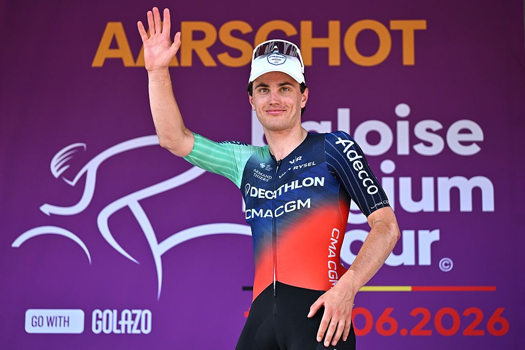 AARSCHOT, BELGIUM - JUNE 20: Olav Kooij of Netherlands and Team Decathlon CMA CGM celebrates at podium as stage winner during the 95th Baloise Belgium Tour 2026, Stage 4 a 183.4km stage from Begijnendijk-Betekom to Aarschot on June 20, 2026 in Aarschot, Belgium. (Photo by Luc Claessen/Getty Images)