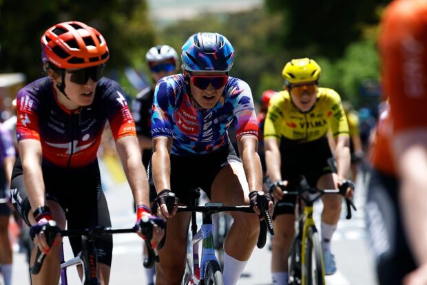 WILLUNGA, AUSTRALIA - JANUARY 17: Chloe Dygert of the United States and Team CANYON//SRAM Zondacrypto crosses the finish line during the 10th Santos Women&amp;apos;s Tour Down Under 2026, Stage 1 a 137.4km stage from Willunga to Willunga 134m / #UCIWWT / on January 17, 2026 in Willunga, Australia. (Photo by Con Chronis/Getty Images)