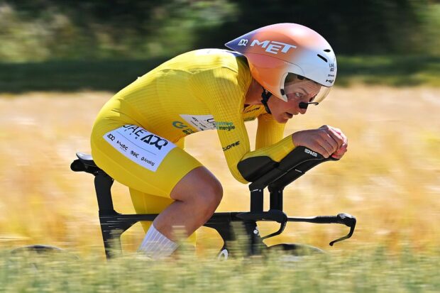 AARBURG, SWITZERLAND - JUNE 20: Elisa Longo Borghini of Italy and UAE Team ADQ - Yellow Leader Jersey competes during the 89th Tour de Suisse 2026, Stage 4 a 23.7km individual time trial stage from Aarburg to Aarburg / #UCIWT / on June 20, 2026 in Aarburg, Switzerland. (Photo by Tim de Waele/Getty Images)