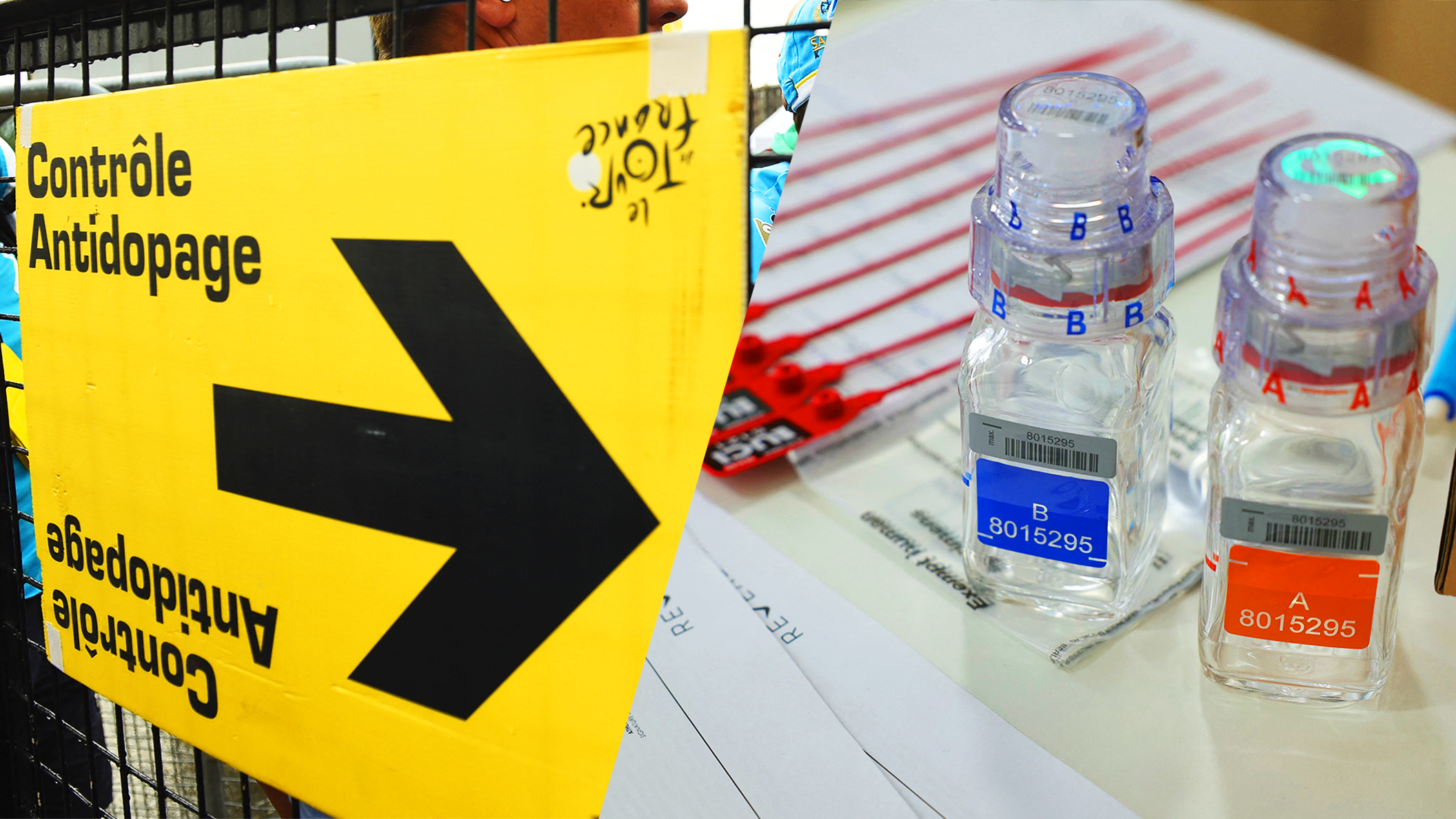 Imagen dividida de un 'Control Antidopaje' Firmar en el Tour de Francia y probar equipos (botellas, etc.) sobre una mesa.