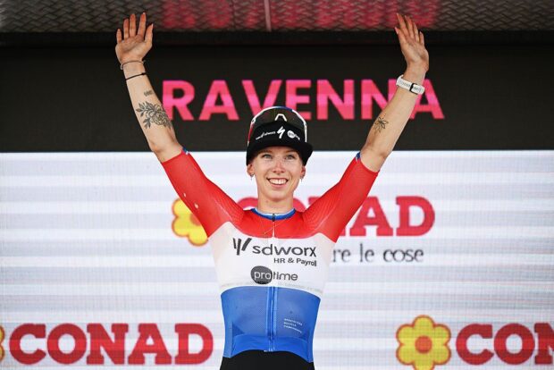 Lorena Wiebes of Netherlands and Team SD Worx - Protime celebrates at podium as stage winner during the 37th Giro d'Italia Women