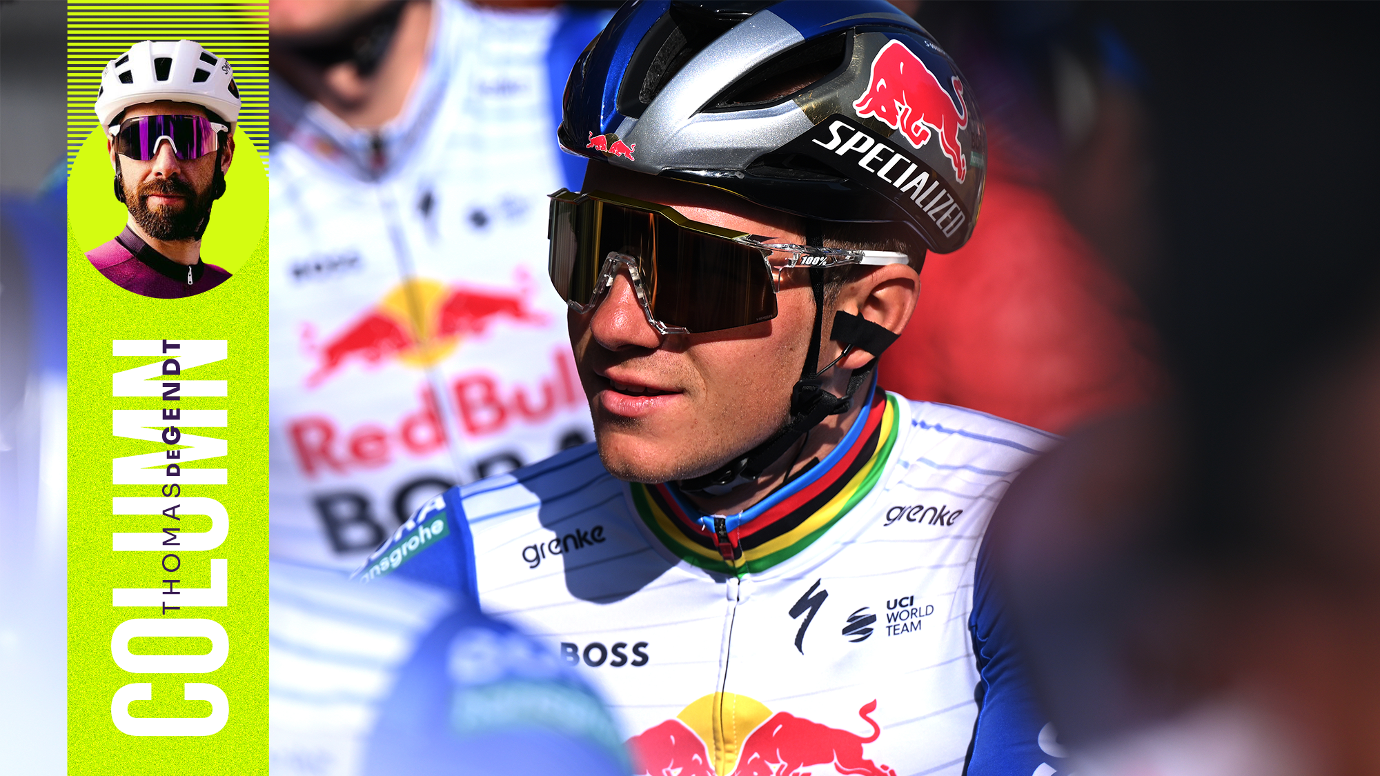 Foto de Remco Evenepoel, superpuesta con una pancarta que muestra al columnista Thomas De Gendt.