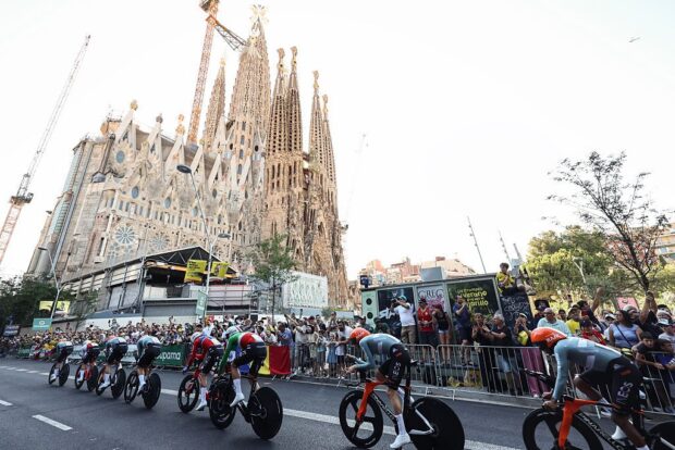 Netcompany Ineos race past the Sagrada Familia church during stage 1 of the 2026 Tour de France