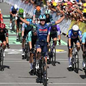 Tim Merlier celebrates at finish line as stage winner ahead of Biniam Girmay during the 113th Tour de France 2026, Stage 8 a 180.4km stage from Perigueux to Bergerac