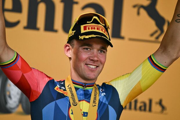 Lidl - Trek team's Danish rider Mads Pedersen celebrates on the podium after winning the 4th stage of the Tour de France