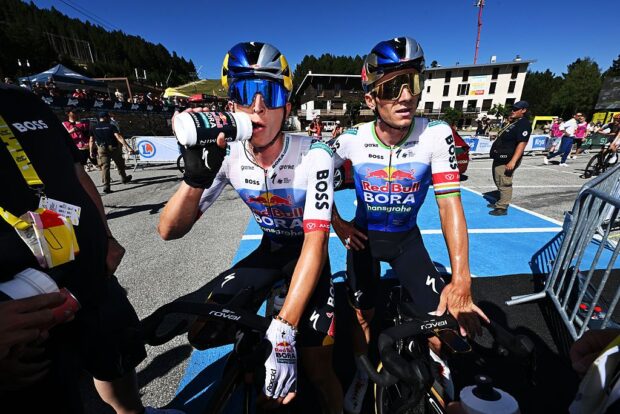 Florian Lipowitz of Germany and Remco Evenepoel of Belgium and Team Red Bull - BORA - hansgrohe react after 113th Tour de France 2026