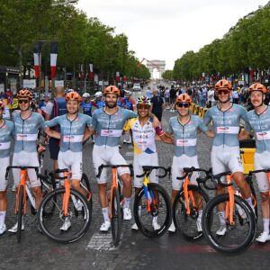 PARIS, FRANCE - JULY 26: Egan Bernal of Colombia, Thymen Arensman of Netherlands, Tobias Foss of Norway, Filippo Ganna of Italy, Dorian Godon of France, Michal Kwiatkowski of Poland, Joshua Tarling of Great Britain, Kevin Vauquelin of France and Netcompany INEOS Cycling Team react after the 113th Tour de France 2026, Stage 21 a 89km stage from Paris to Paris / #UCIWT / on July 26, 2026 in Paris, France. (Photo by Tim de Waele/Getty Images)