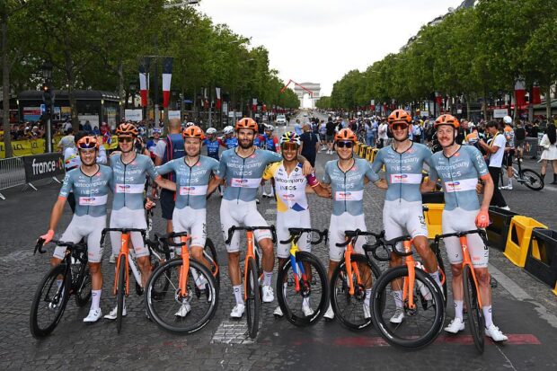 PARIS, FRANCE - JULY 26: Egan Bernal of Colombia, Thymen Arensman of Netherlands, Tobias Foss of Norway, Filippo Ganna of Italy, Dorian Godon of France, Michal Kwiatkowski of Poland, Joshua Tarling of Great Britain, Kevin Vauquelin of France and Netcompany INEOS Cycling Team react after the 113th Tour de France 2026, Stage 21 a 89km stage from Paris to Paris / #UCIWT / on July 26, 2026 in Paris, France. (Photo by Tim de Waele/Getty Images)