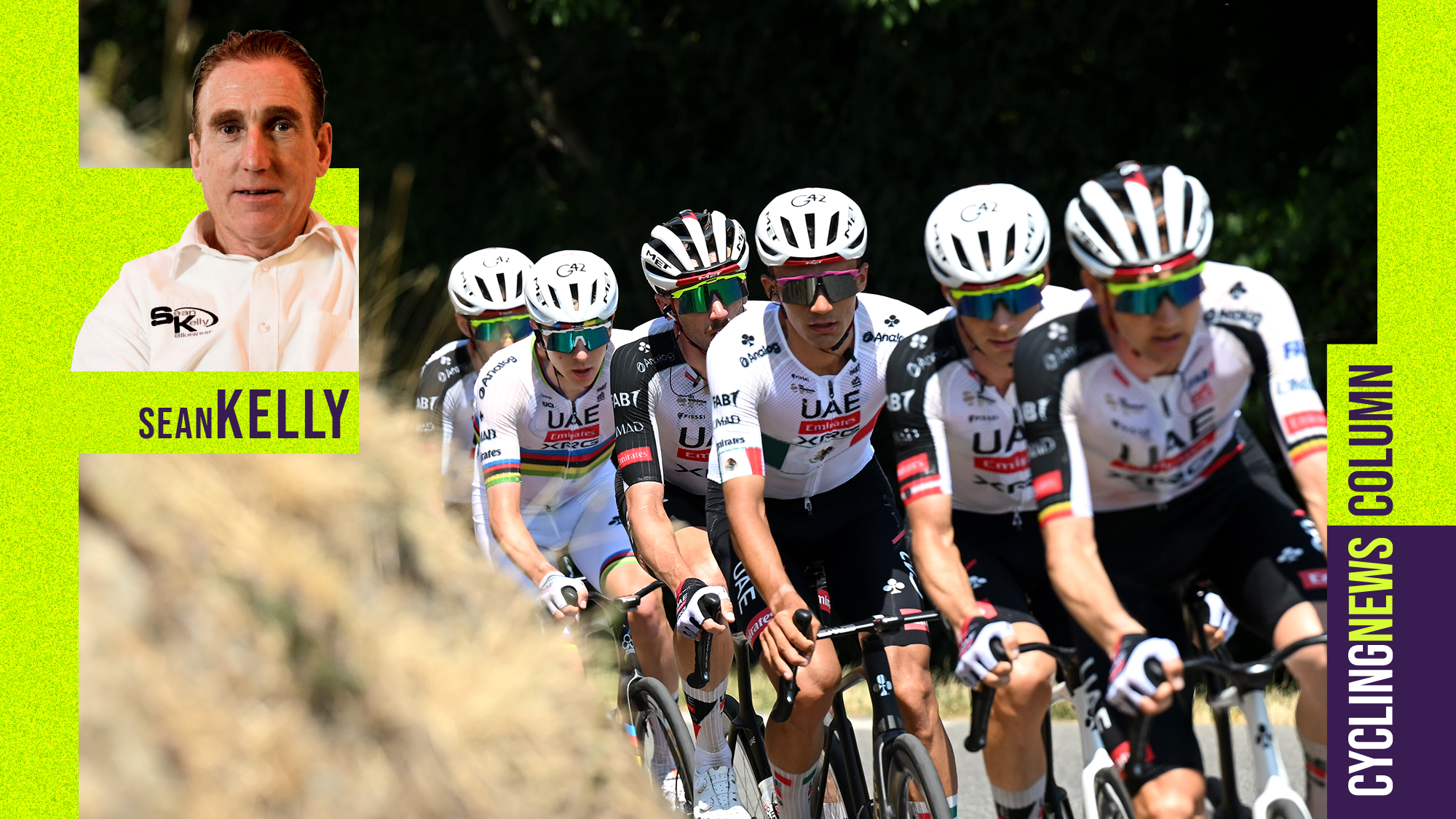 UAE Team Emirates - XRG lidera el pelotón en la etapa 6 del Tour de Francia. Con una imagen de Sean Kelly superpuesta. (Foto de Dario Belingheri/Getty Images)