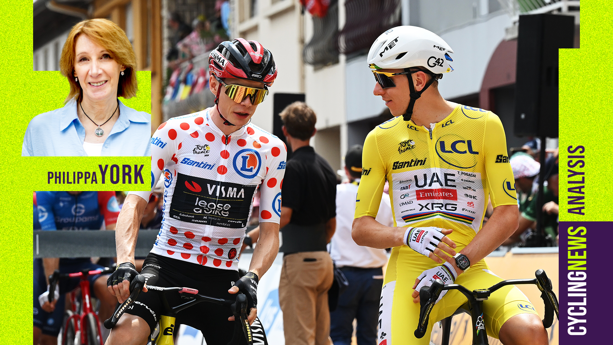   Jonas Vingegaard y Tadej Pogacar conversan antes de la séptima etapa del Tour de Francia en Hagetmau, Francia. Con imágenes de columnista de Philippa York superpuestas. (Foto de Tim de Waele/Getty Images)