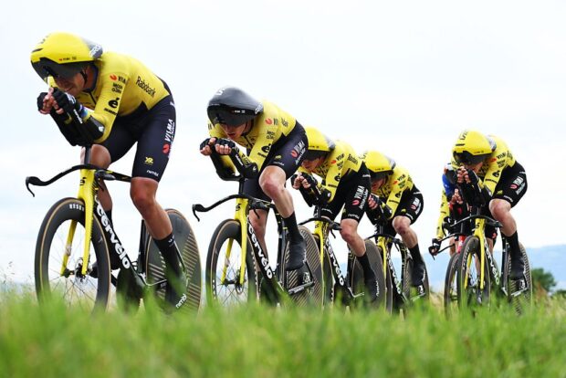 Team Visma Lease a Bike competes during the Tour Auvergne-Rhone-Alpes 2026, Stage 3 a 28.4km team time trial stage from Perreux to Perreux