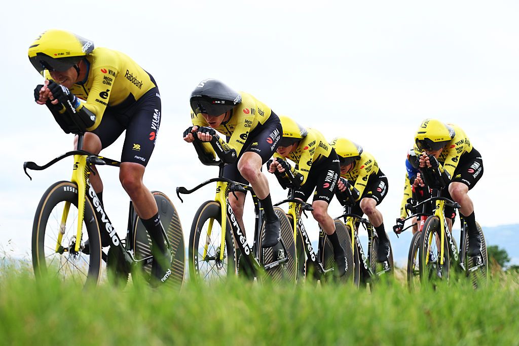 Team Visma Lease a Bike competes during the Tour Auvergne-Rhone-Alpes 2026, Stage 3 a 28.4km team time trial stage from Perreux to Perreux