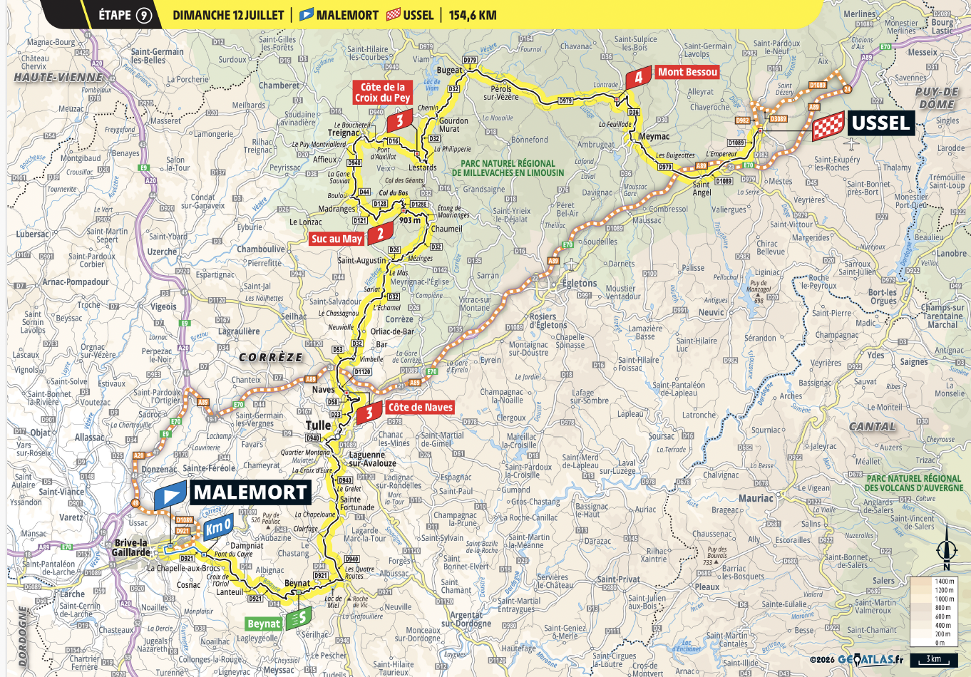 Mapa de ruta abreviado de la etapa 9 del Tour de Francia 2026