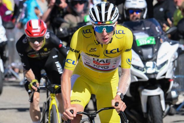 Tadej Pogacar wearing the yellow jersey in the 2025 Tour de France
